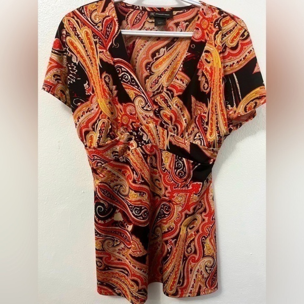 International Concepts V-Neck Patterned Colourful Short Sleeve Blouse Top